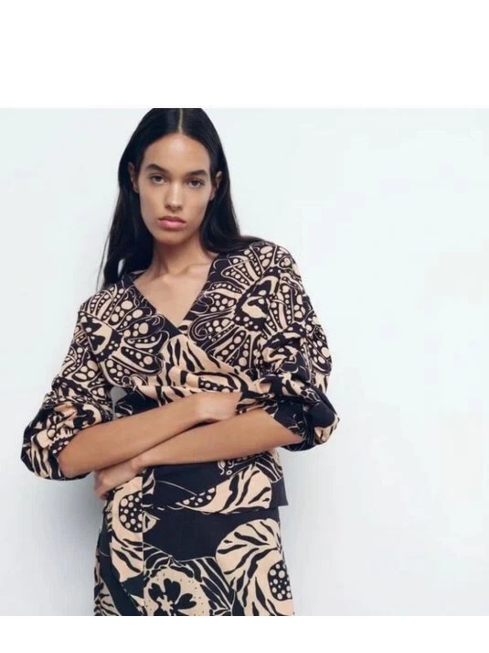 Zara Brown and Beige Printed V-Neck Wrap Top - Women L